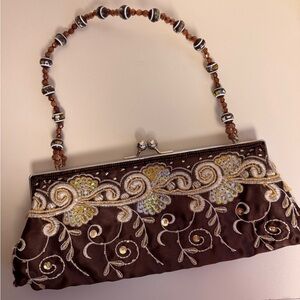 Embroidered Brown Clutch with Beaded Handle